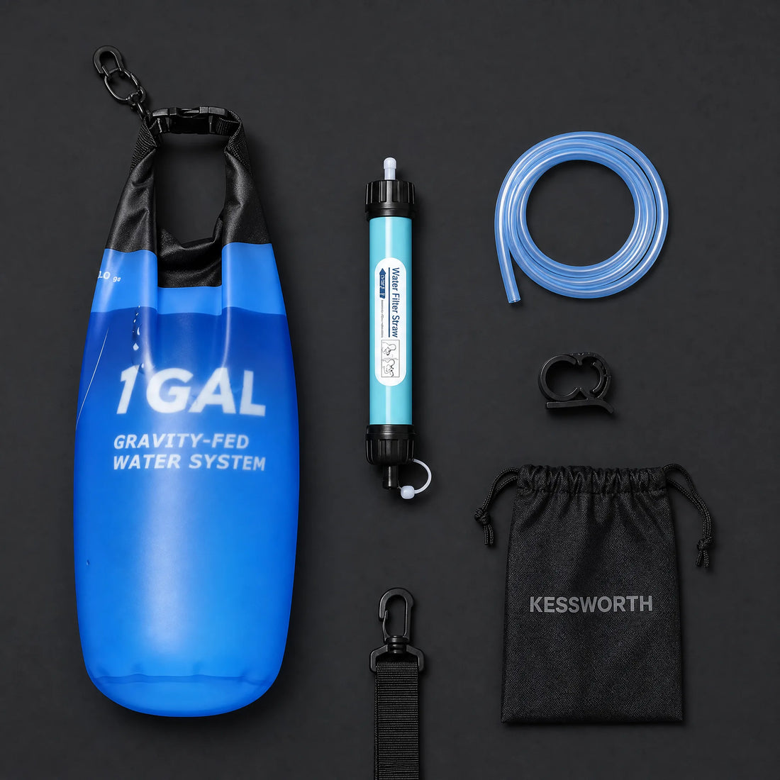 CLEARDRAW G1 six-piece kit laid out: reservoir, filter core, hose, flow clamp, storage pouch, hang strap